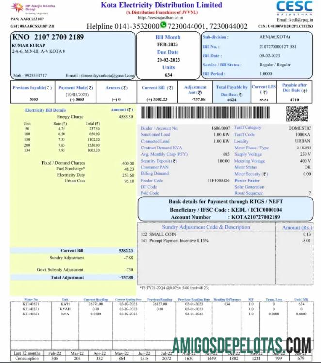 Em branco modelo Word e PDF para conta de serviços públicos da ÍNDIA KOTA ELETRICIDADE